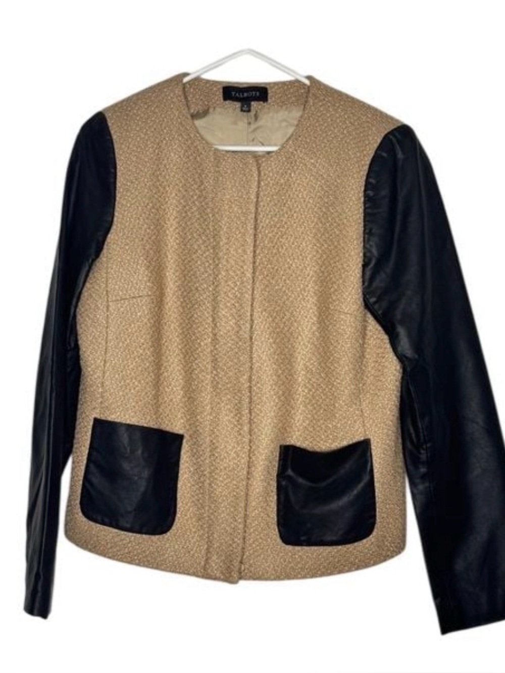 Talbots Camel Teddy Fuzzy Jacket Blazer with Black Faux Leather Sleeves size 8